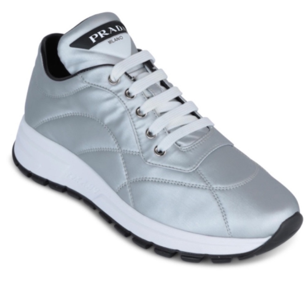 Prada Silver Quilted Nylon Puima PRA X01 Sneakers 39 1/2